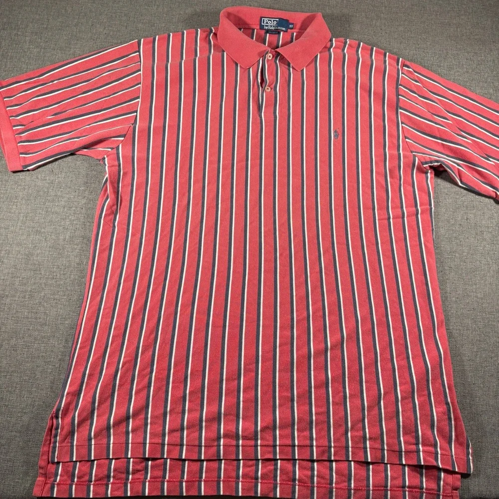 Vintage Polo Ralph Lauren Polo Shirt Mens XLT Red Vertical Stripe Cotton Pique
